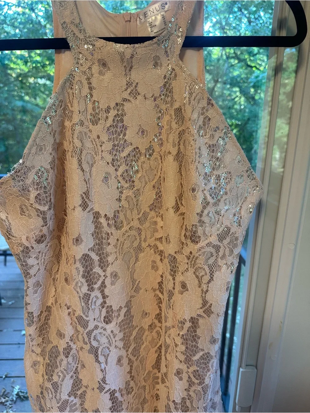 VENUS Blush Lace Halter Mini Dress with Sequin Detail